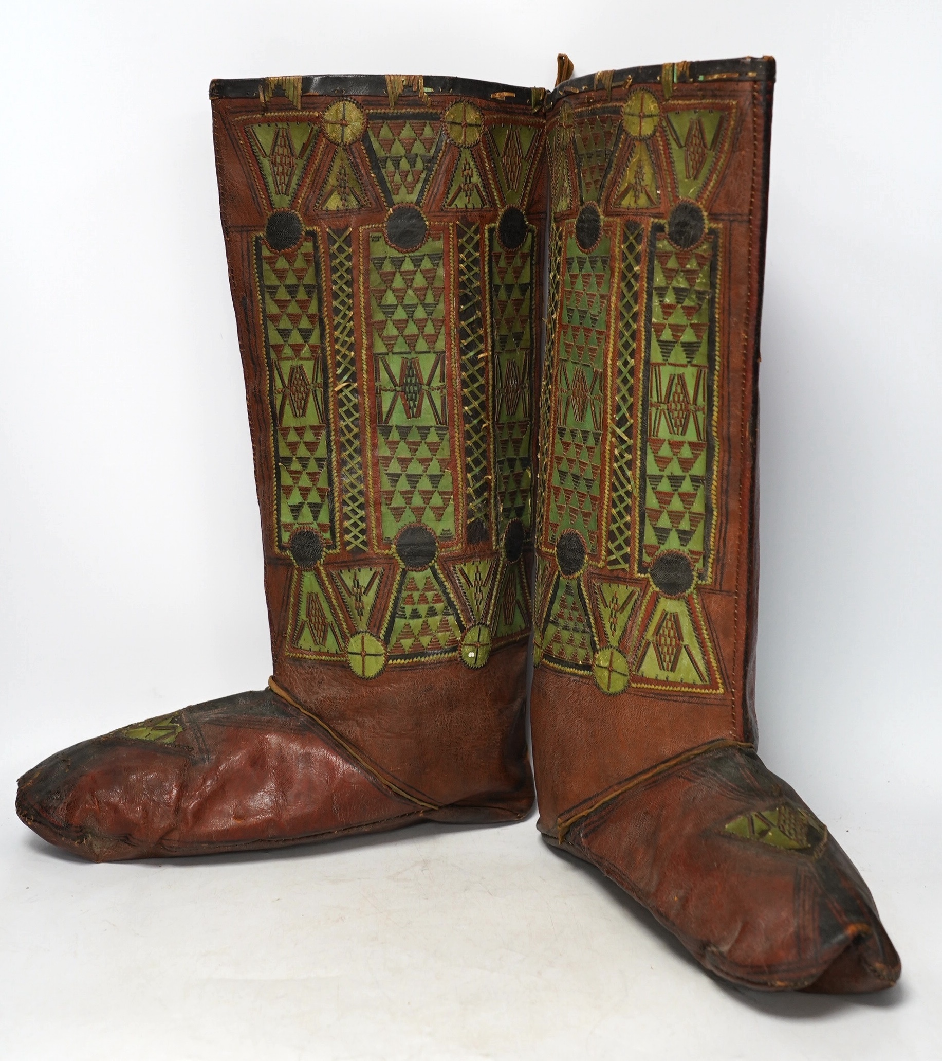 A pair of African tribal leather boots, North Ghana, Fulani tribe. Condition - fair